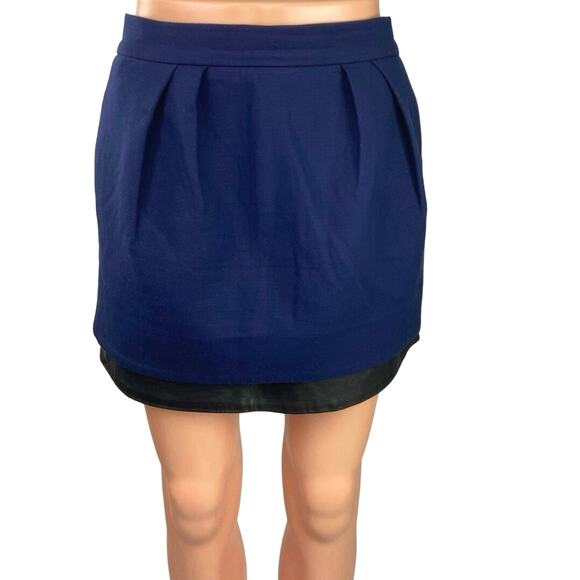 Maje Blue Seventy Leather Trimmed Woven Pleated Layered Pockets Mini Skirt Sz L - Picture 1 of 5